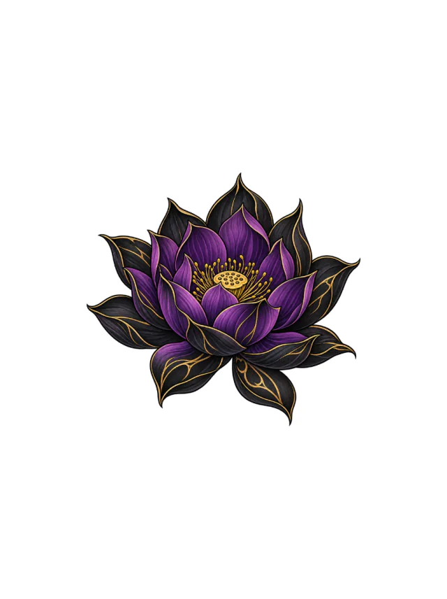 Deep-Purple Lotus Flower with Black Outer Petals and Restrained Gold Vein Accents Tattoo clean design