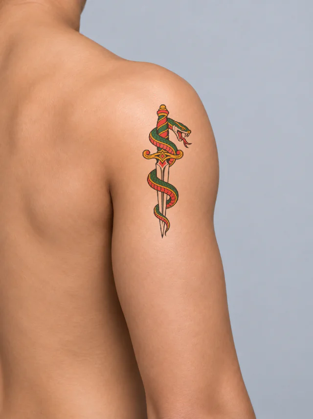 Old School Snake and Dagger Shoulder Tattoo on-skin preview