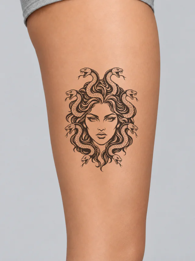 Blackwork Medusa Head Thigh Tattoo on-skin preview