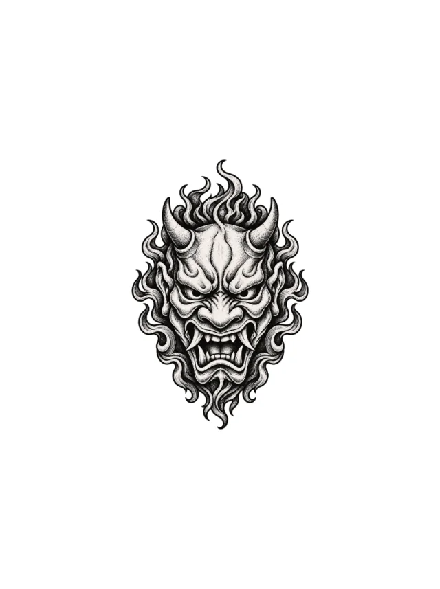 Engraved Oni Mask with Two Short Horns Tattoo clean design