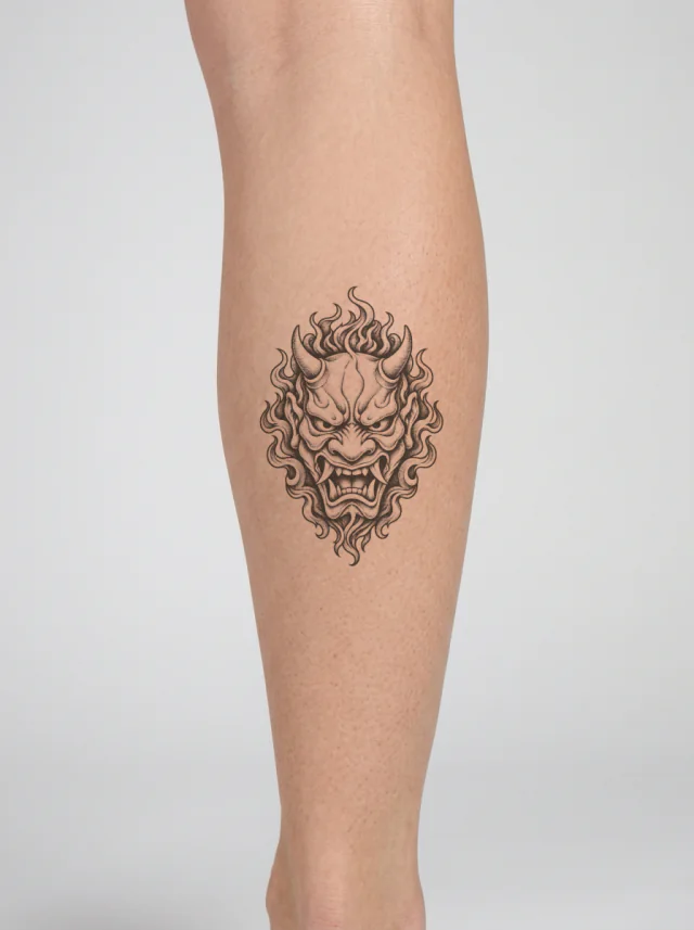 Engraved Oni Mask with Two Short Horns Tattoo on-skin preview