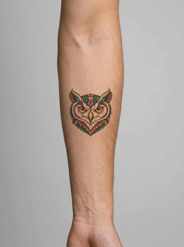 Neo-Traditional Owl Inner Forearm Tattoo on-skin preview