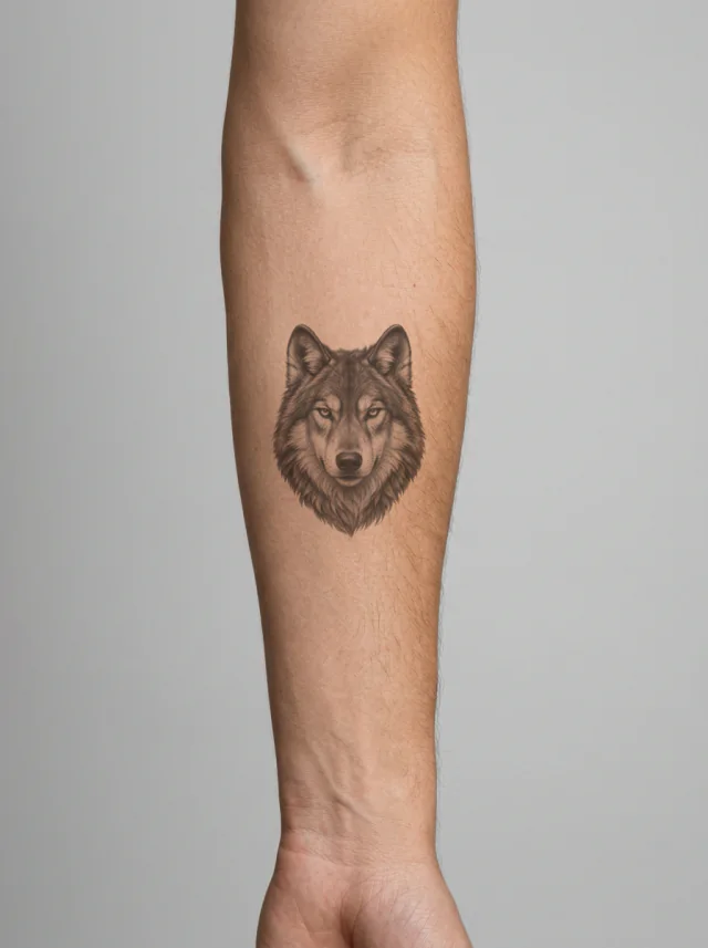 Tatuagem de lobo no braço, aplicada na pele