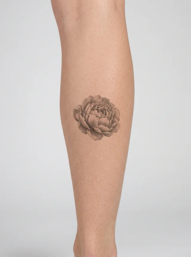 Tatuagem de peônia na panturrilha, aplicada na pele