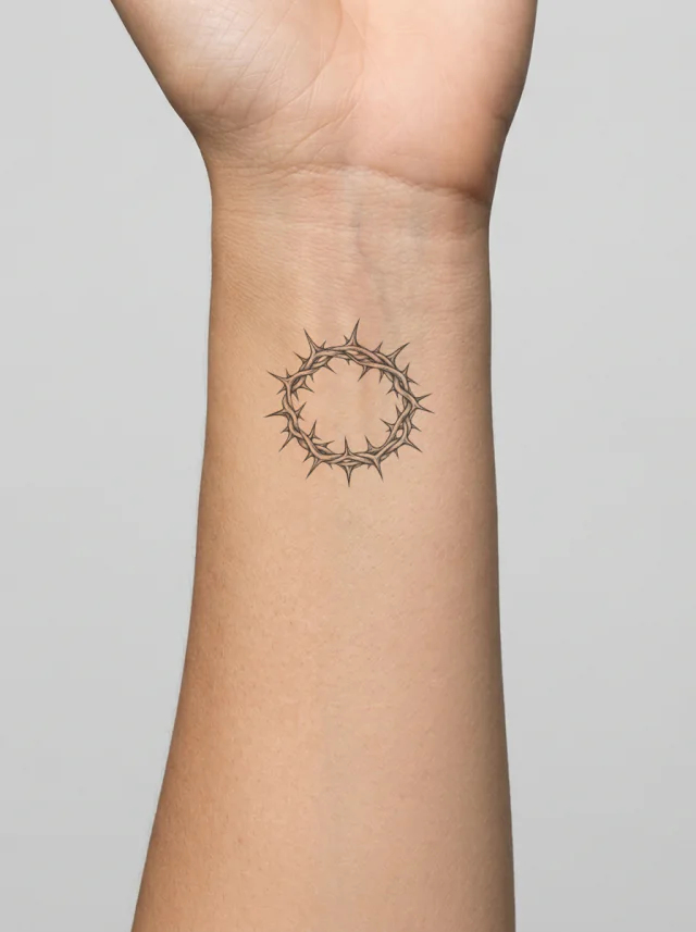Fine-Line Crown of Thorns Forming a Compact Wrist-Sized Ring Tattoo on-skin preview