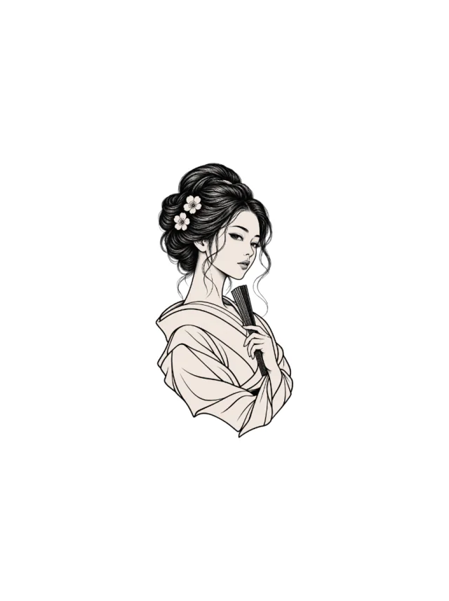 Geisha-Inspired Three-Quarter Portrait with a Closed Folding Fan Tattoo clean design