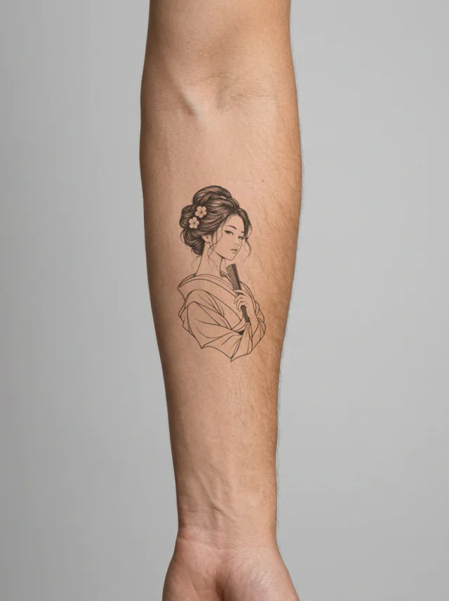 Geisha-Inspired Three-Quarter Portrait with a Closed Folding Fan Tattoo on-skin preview