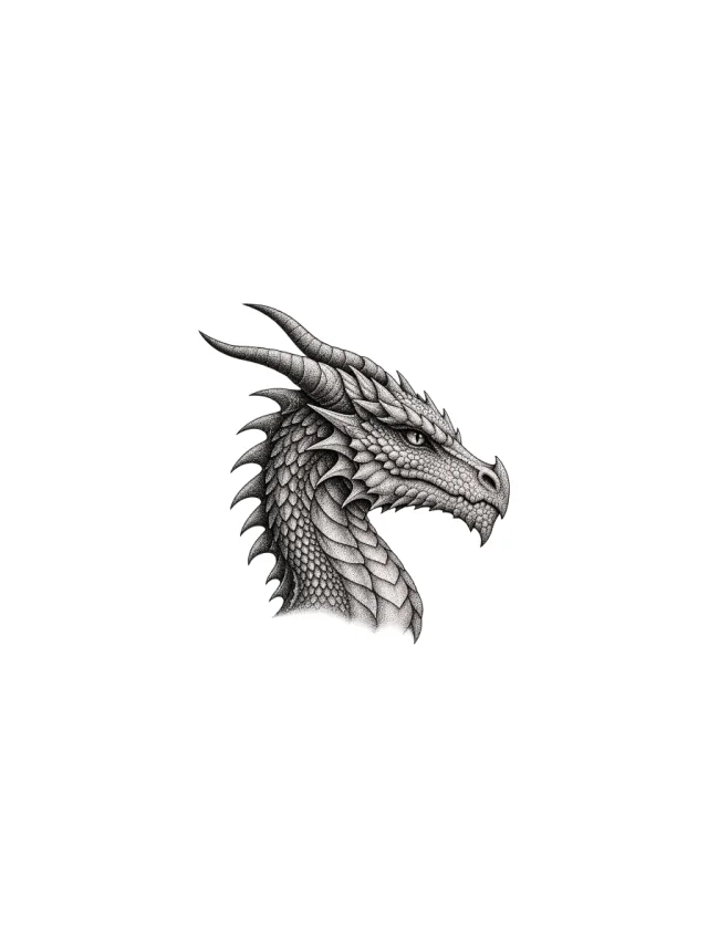 Horned Dotwork Dragon Portrait Tattoo clean design