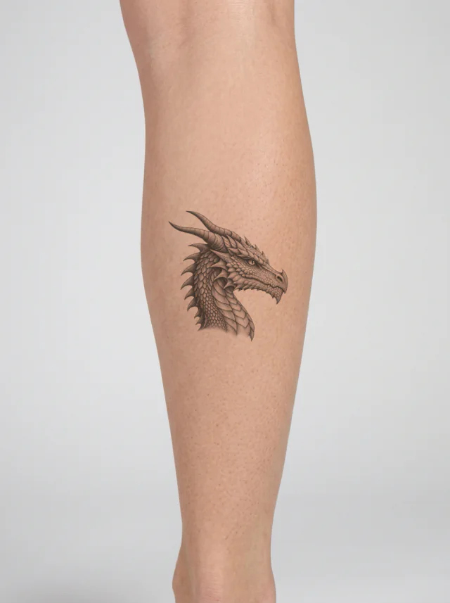Horned Dotwork Dragon Portrait Tattoo on-skin preview