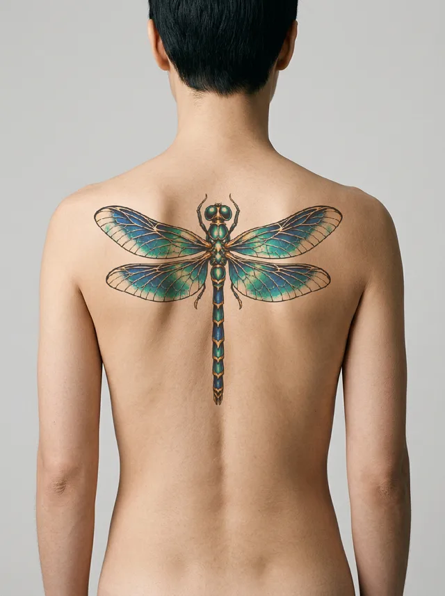 Neo-Traditional Dragonfly Spine Tattoo on-skin preview