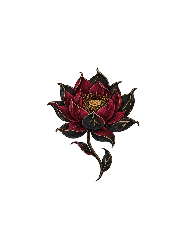 Dark Burgundy Lotus with Black Outer Petals and a Short Stem Tattoo clean design