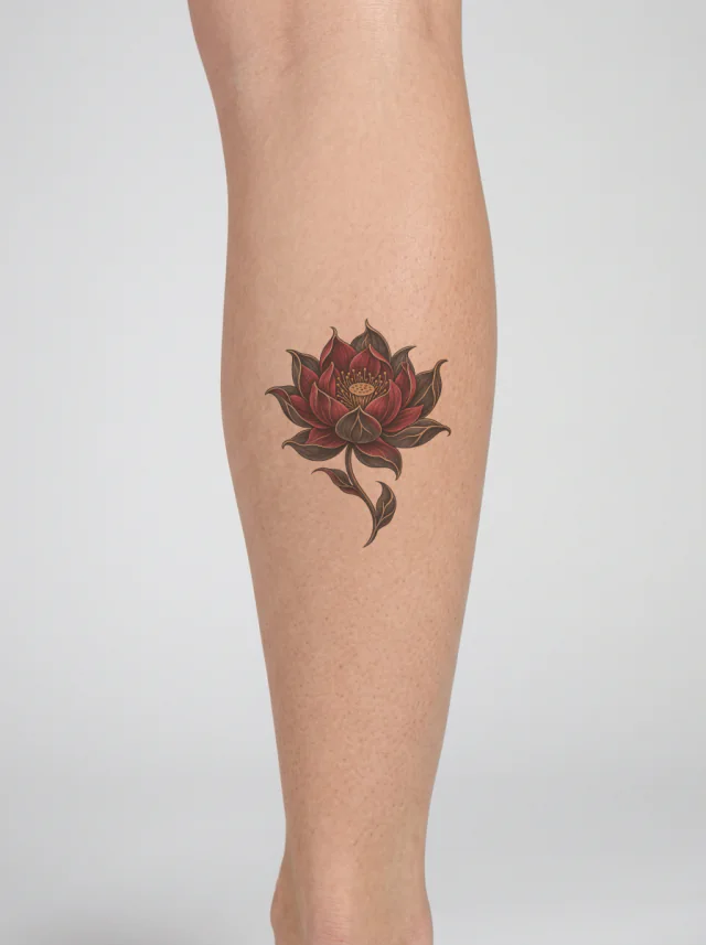 Dark Burgundy Lotus with Black Outer Petals and a Short Stem Tattoo on-skin preview