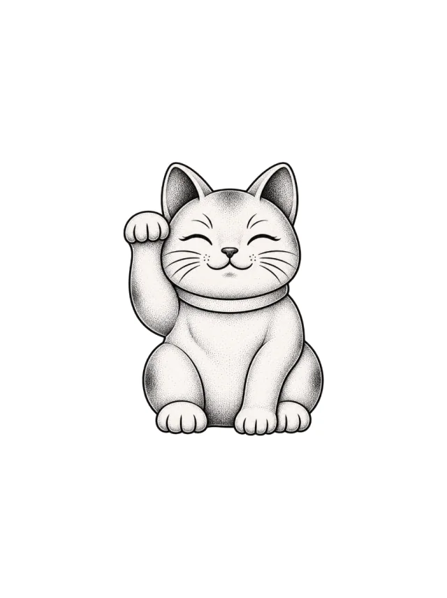 Dotwork Maneki-Neko Front View with Raised Paw and a Plain Collar Tattoo clean design