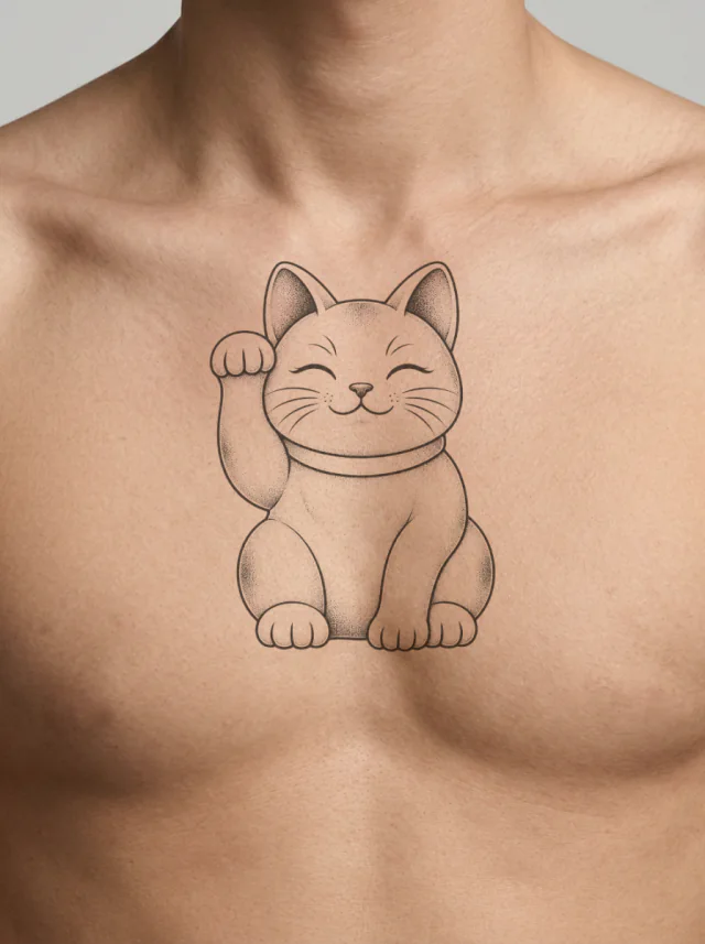 Dotwork Maneki-Neko Front View with Raised Paw and a Plain Collar Tattoo on-skin preview