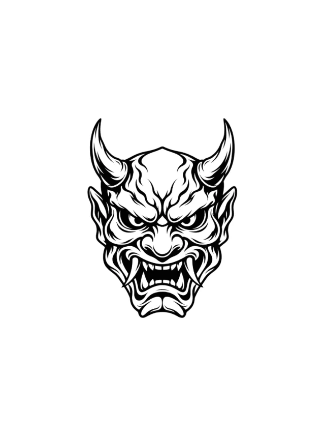 Horned Oni Mask with Fangs and Heavy Brow Tattoo clean design