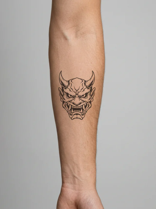 Horned Oni Mask with Fangs and Heavy Brow Tattoo on-skin preview
