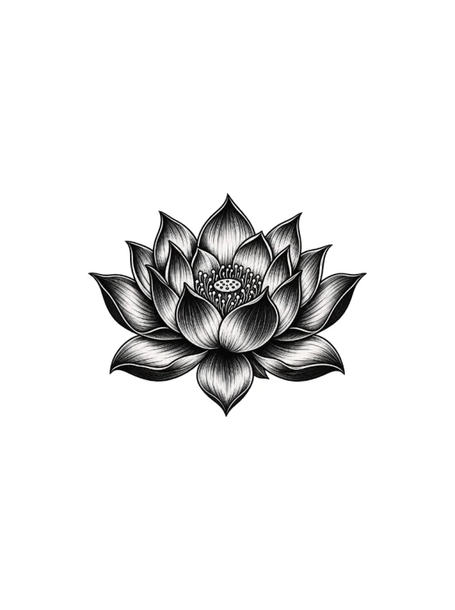 Black Lotus Flower in Full Bloom with Layered Petals Tattoo clean design