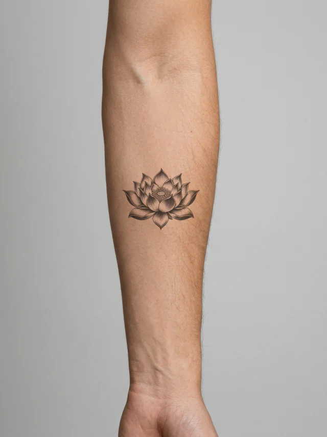 Black Lotus Flower in Full Bloom with Layered Petals Tattoo on-skin preview