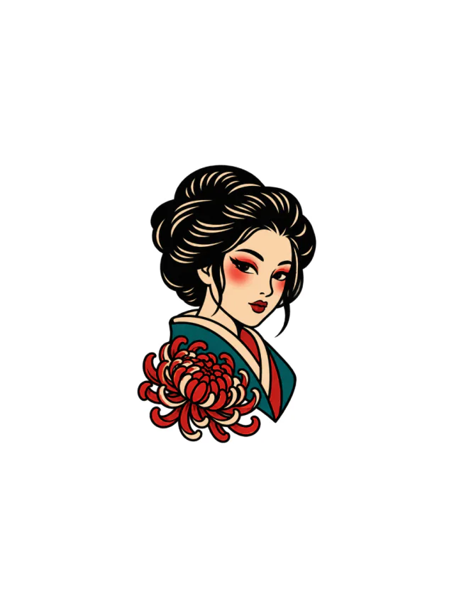 Geisha-Inspired Portrait with Chrysanthemum and a Teal-And-Red Kimono Collar Tattoo clean design