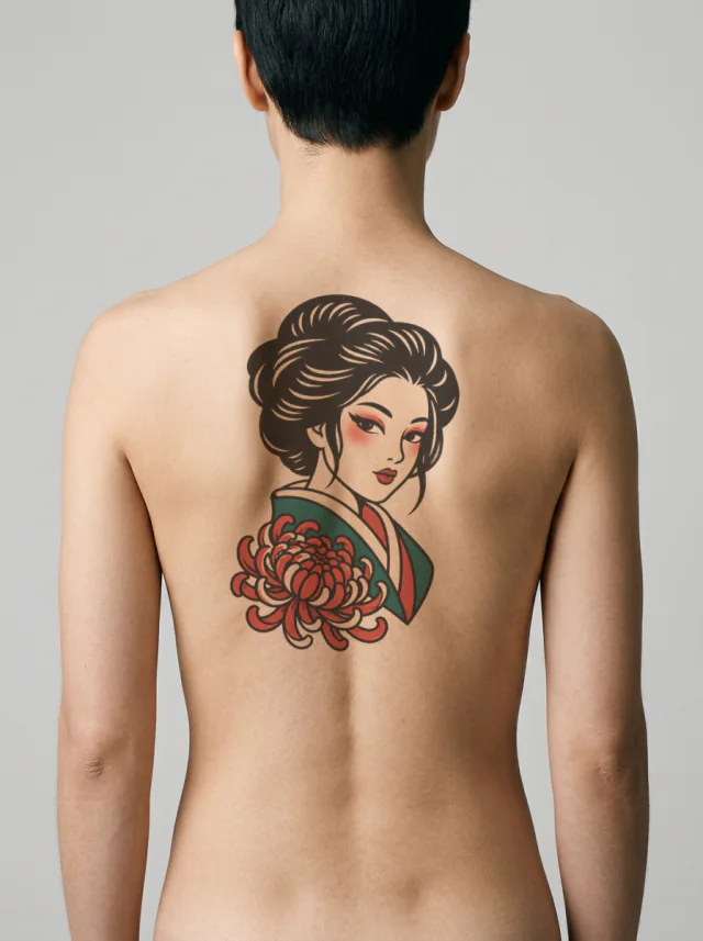 Geisha-Inspired Portrait with Chrysanthemum and a Teal-And-Red Kimono Collar Tattoo on-skin preview