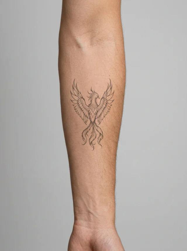 Fine-Line Ascending Phoenix Forearm Tattoo on-skin preview