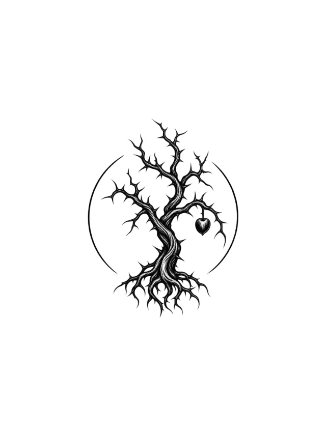 Dark Tree with Thorn-Like Branches and Fruit Inside a Broken Circular Frame Tattoo clean design