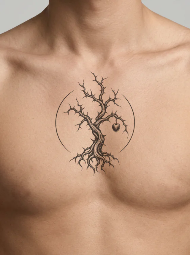 Dark Tree with Thorn-Like Branches and Fruit Inside a Broken Circular Frame Tattoo on-skin preview