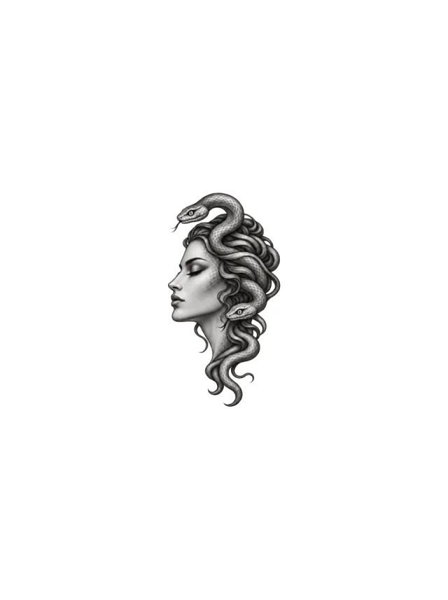 Closed-Eye Medusa Profile with Two Snakes Tattoo clean design