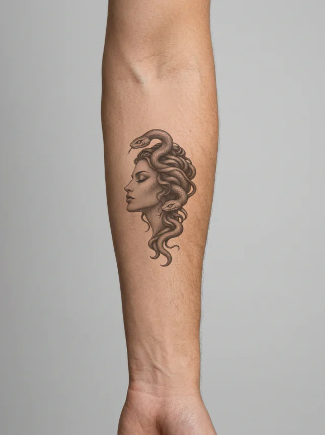 Closed-Eye Medusa Profile with Two Snakes Tattoo on-skin preview