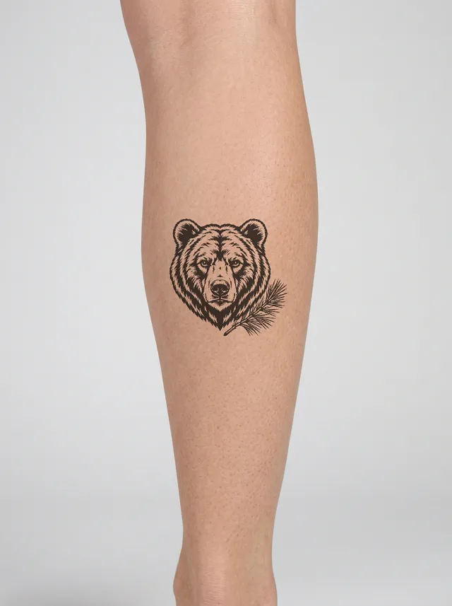 Blackwork Bear Calf Tattoo on-skin preview