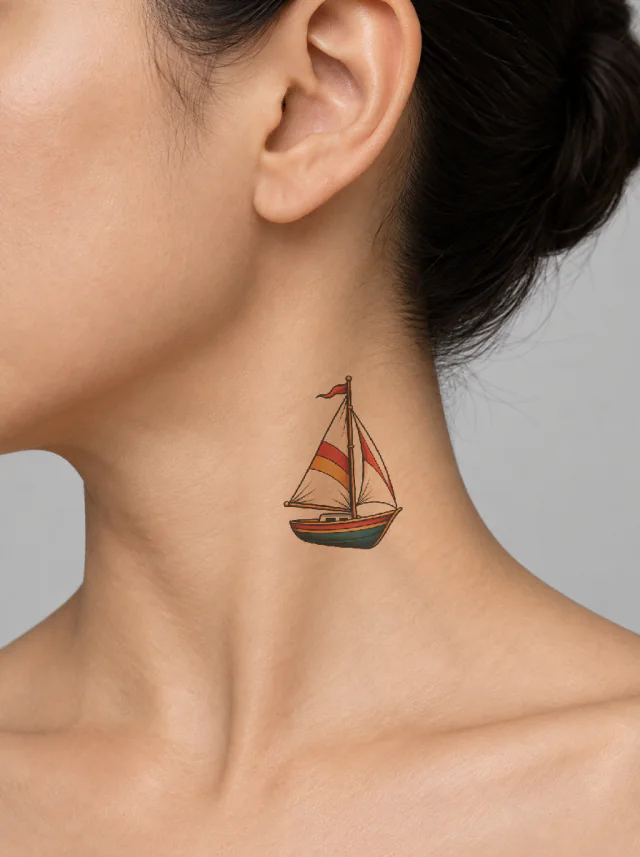 Old School Sailboat Neck Tattoo on-skin preview