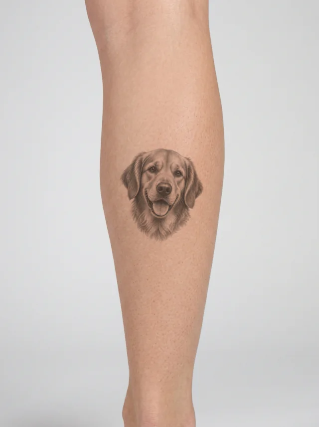 Tatuagem de cachorro na panturrilha, aplicada na pele