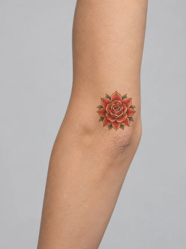 Neo-Traditional Rose Elbow Tattoo on-skin preview