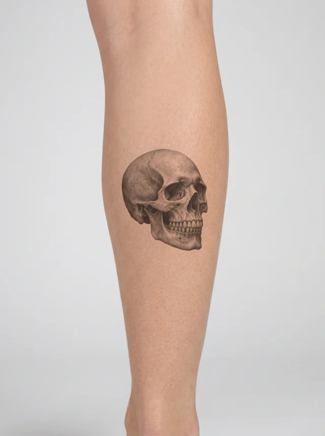 Tatuaje de calavera en la pantorrilla, en la piel