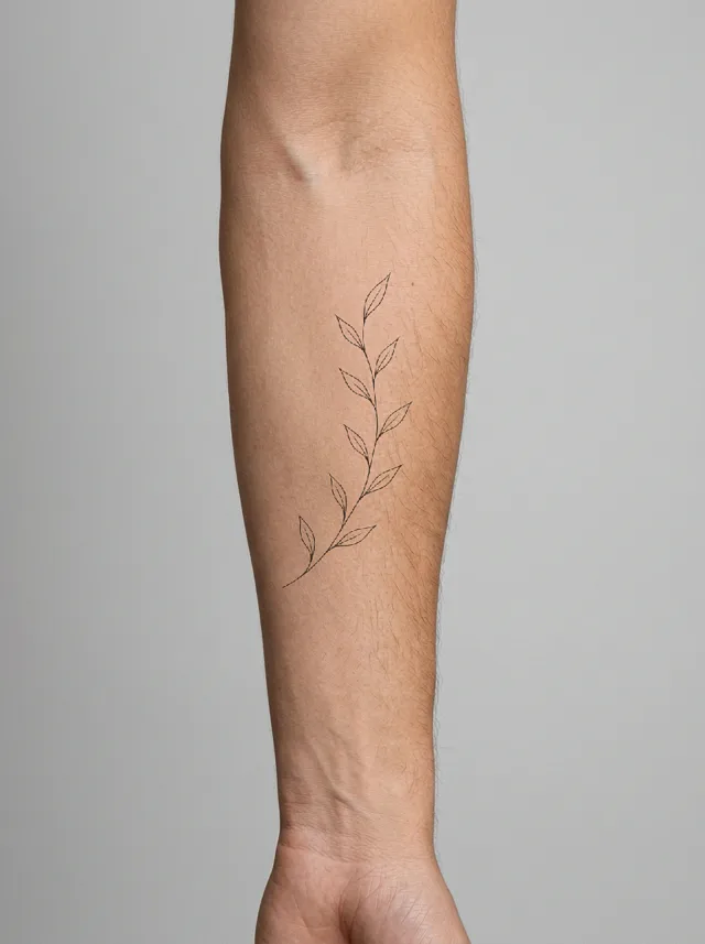 Fine Line Leaf Branch Inner Forearm Tattoo on-skin preview