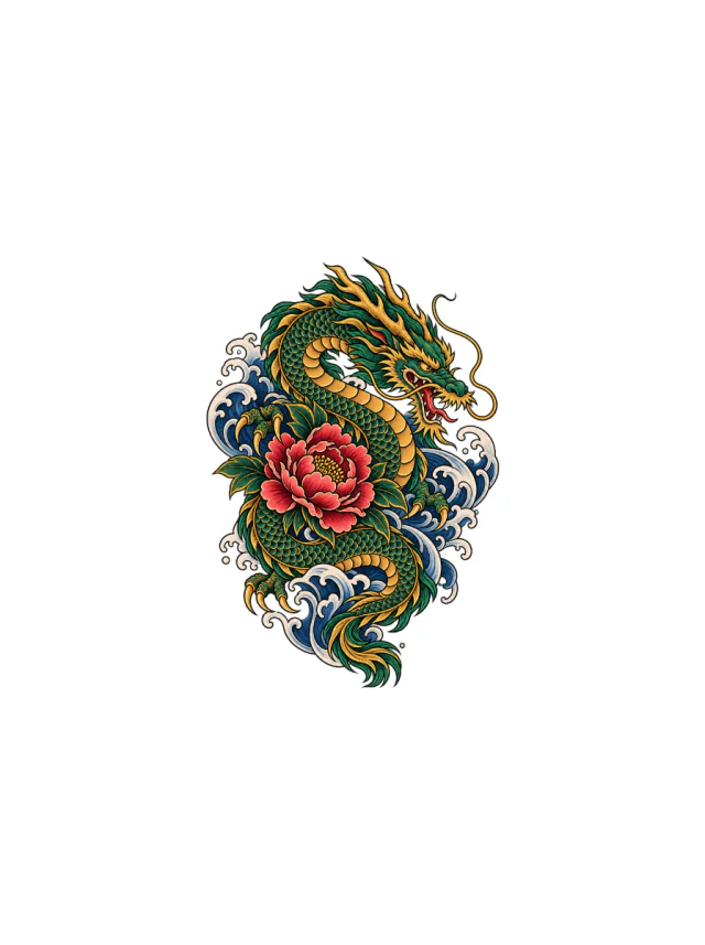 Green-And-Gold Japanese-Inspired Water Dragon with Peony Blossom Tattoo clean design