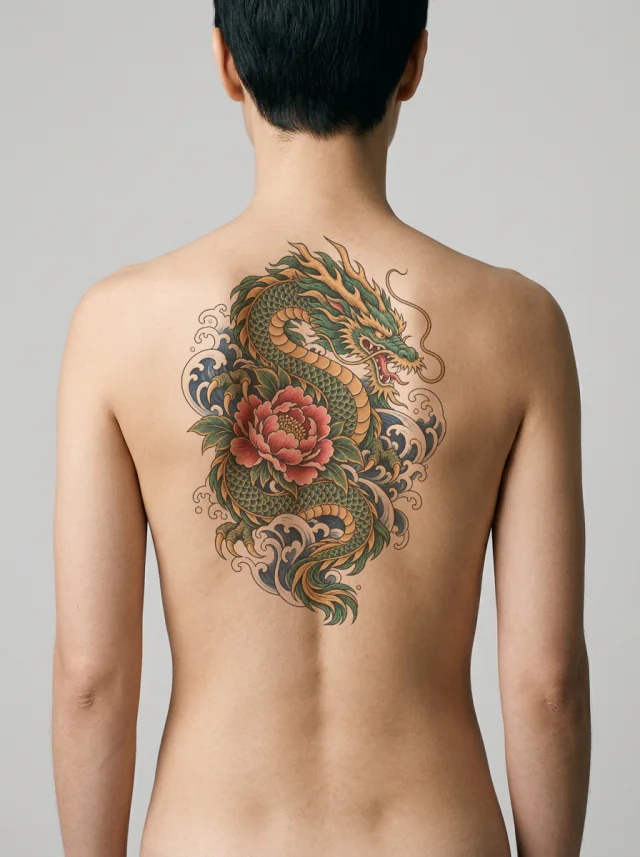 Green-And-Gold Japanese-Inspired Water Dragon with Peony Blossom Tattoo on-skin preview