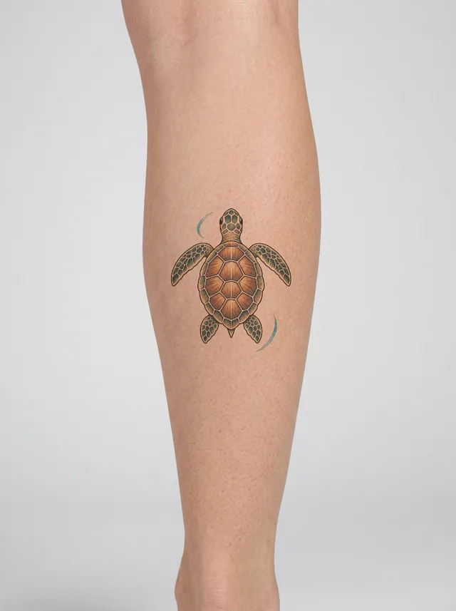 Illustrative Sea Turtle Calf Tattoo on-skin preview