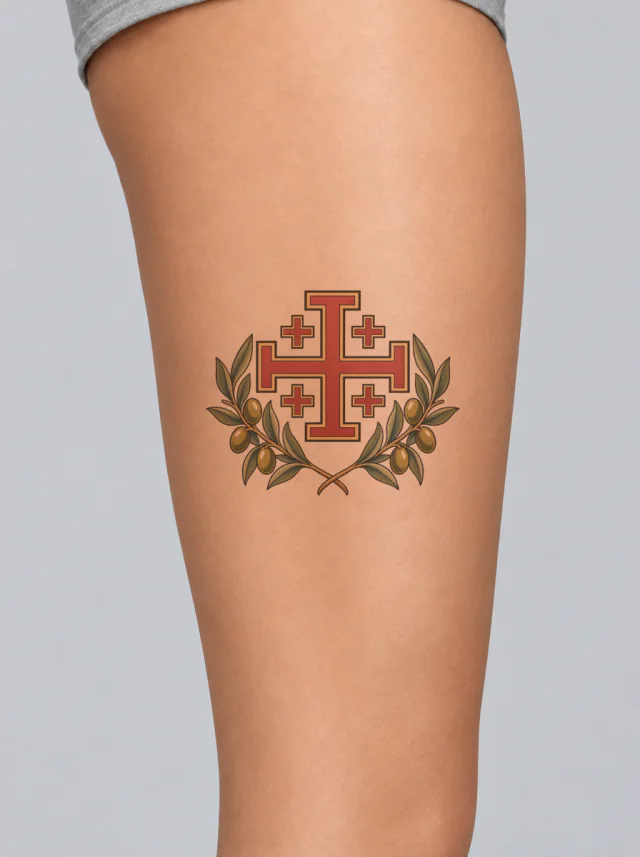 Jerusalem Cross Olive Color Tattoo on-skin preview