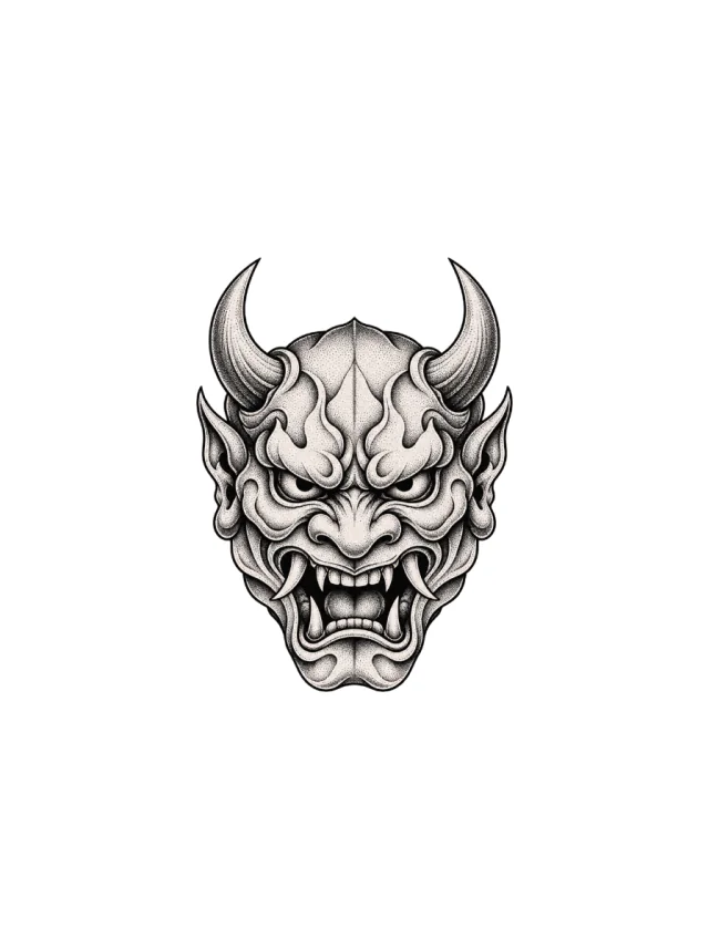Dotwork Oni Mask Front View with Symmetrical Horns and an Open Snarling Mouth Tattoo clean design