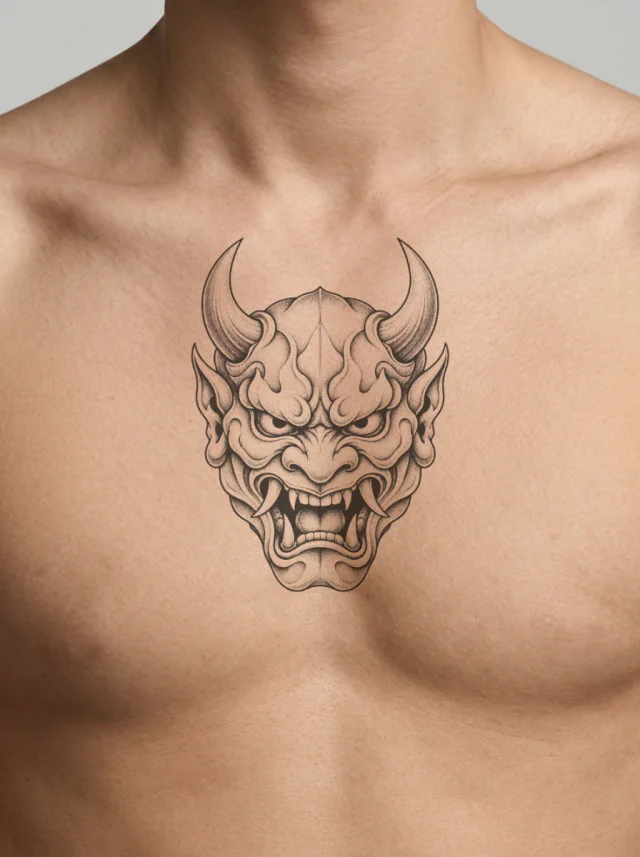 Dotwork Oni Mask Front View with Symmetrical Horns and an Open Snarling Mouth Tattoo on-skin preview