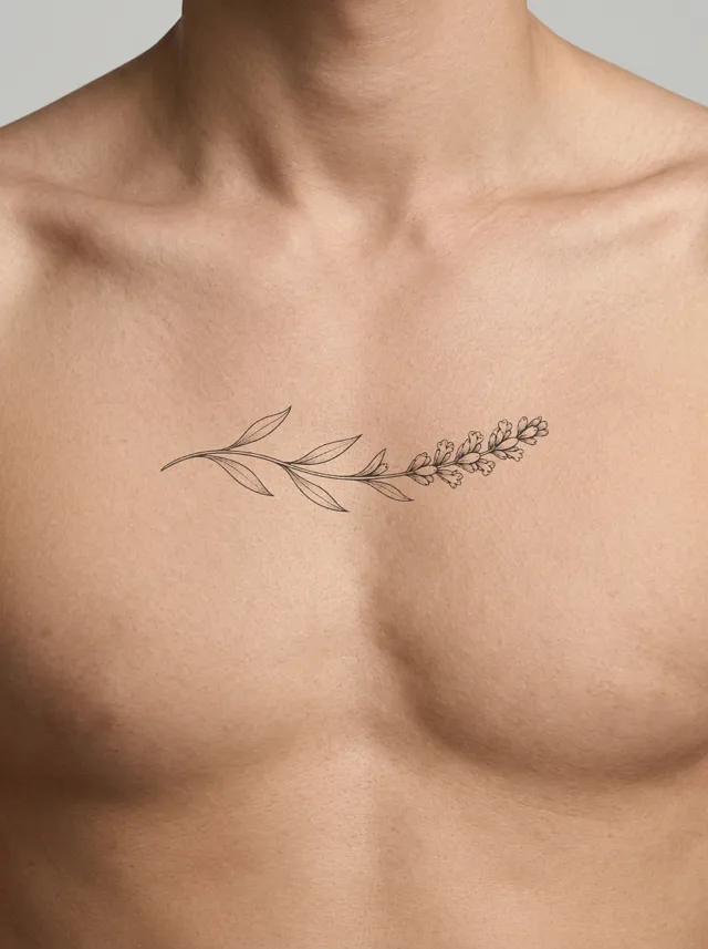 Fine Line Lavender Collarbone Tattoo on-skin preview