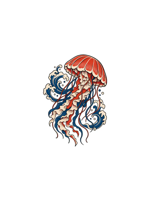 Red-And-Indigo Jellyfish with Ukiyo-E-Inspired Wave Accents Tattoo clean design