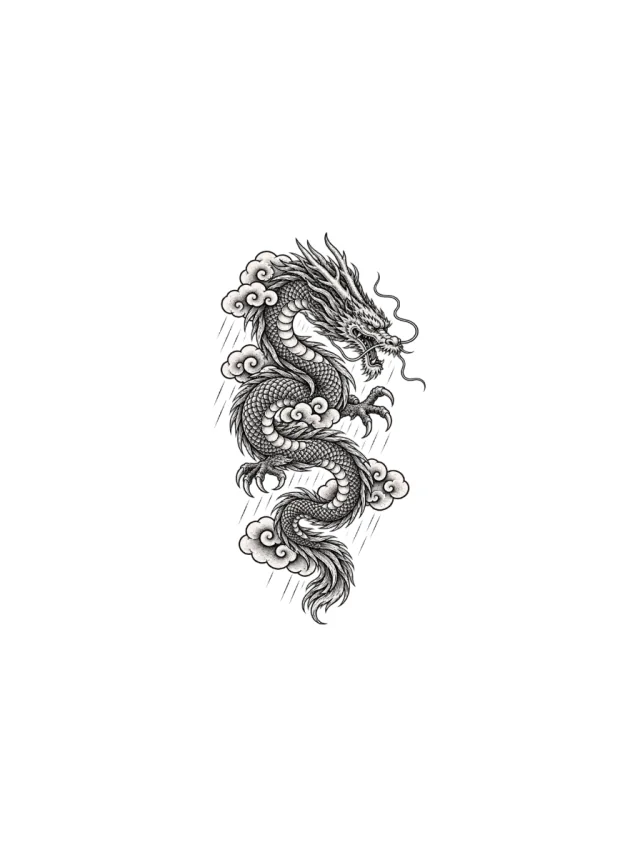 Engraved Japanese-Inspired Dragon Descending through Rain Clouds Tattoo clean design