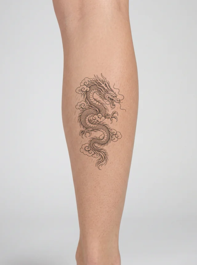 Engraved Japanese-Inspired Dragon Descending through Rain Clouds Tattoo on-skin preview