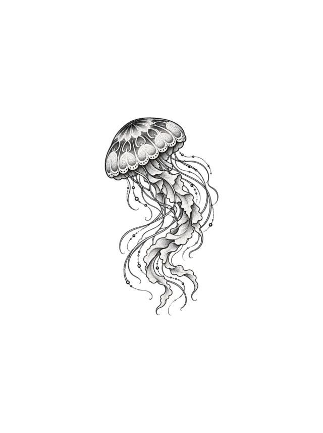 Dotwork Jellyfish with a Patterned Bell and Tentacles Arranged in an S-Curve Tattoo clean design