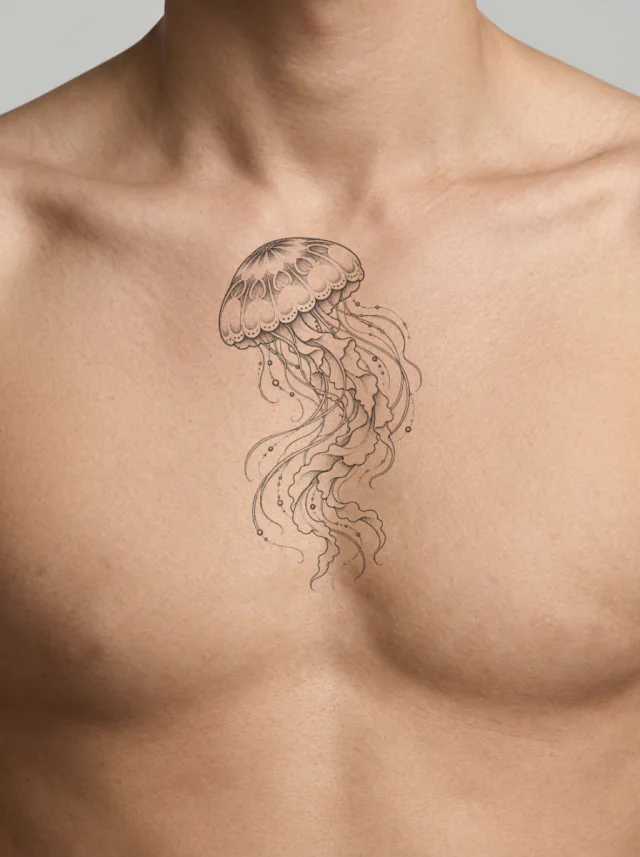 Dotwork Jellyfish with a Patterned Bell and Tentacles Arranged in an S-Curve Tattoo on-skin preview