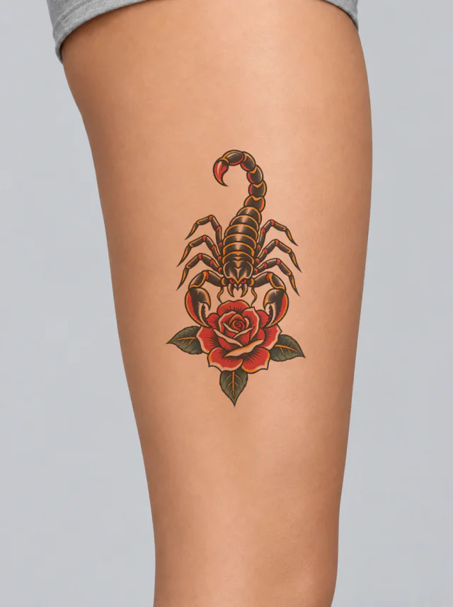 Old School Scorpion and Rose Thigh Tattoo on-skin preview