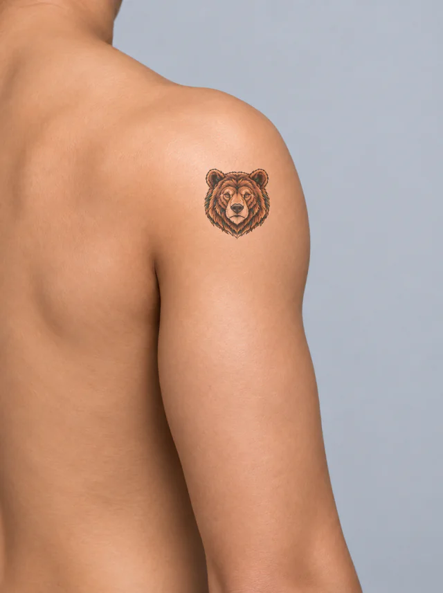 Illustrative Bear Head Shoulder Tattoo on-skin preview