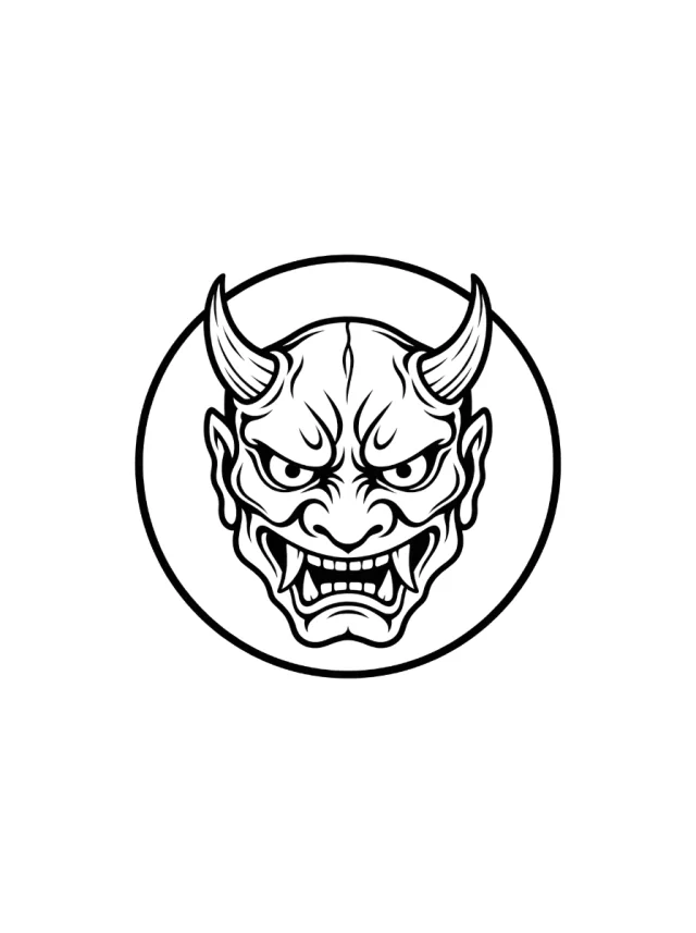 Blackwork Oni Mask Inside a Simple Roundel Tattoo clean design